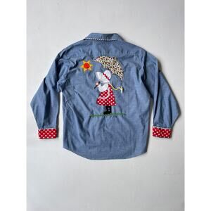 Vtg 70's Holly Hobbie Chambray Button Up Shirt Applique Butterfly Cottagecore
